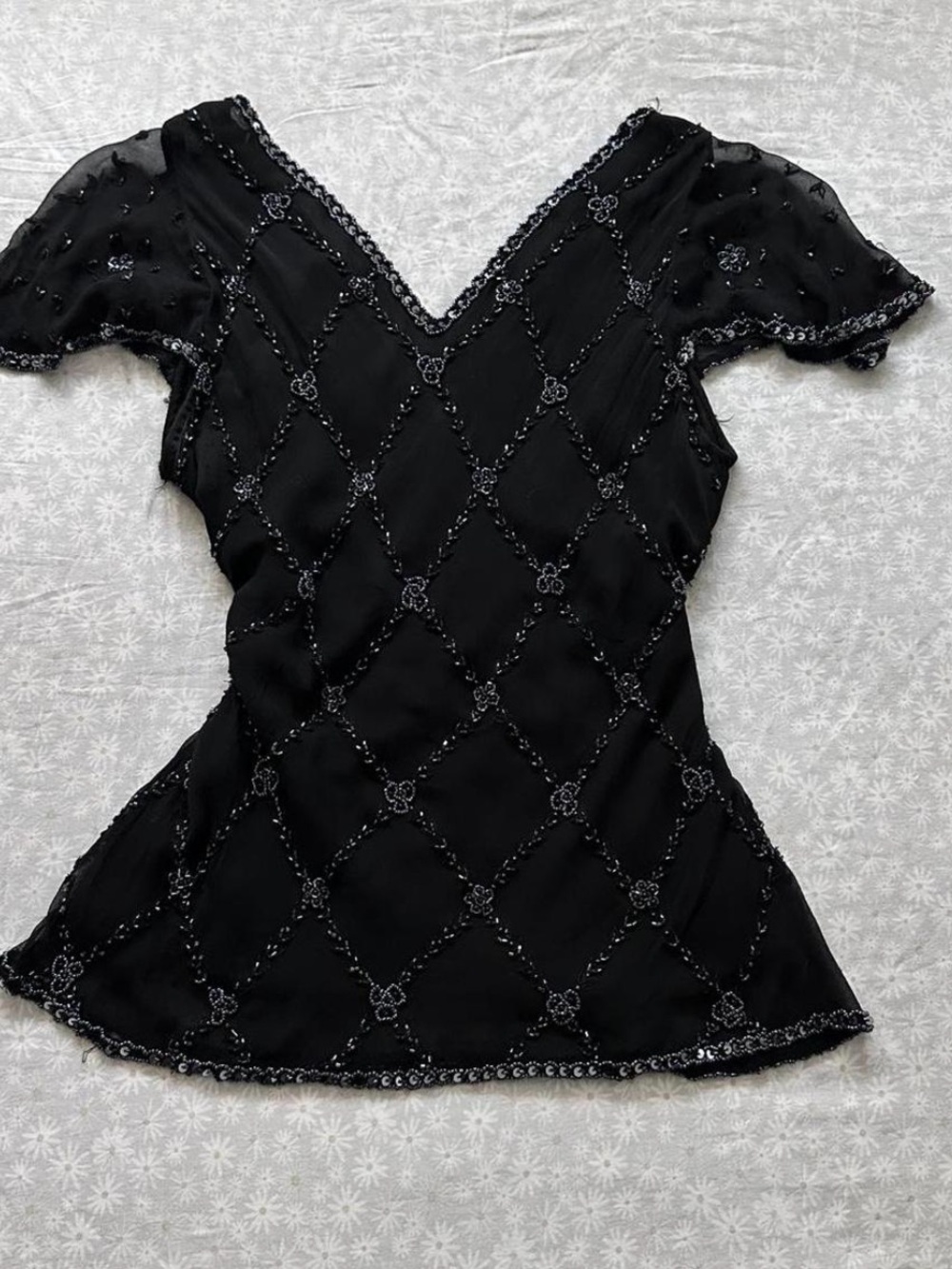 Black Beaded Silk Top with Rhinestone Detailing - Picture 2 of 2